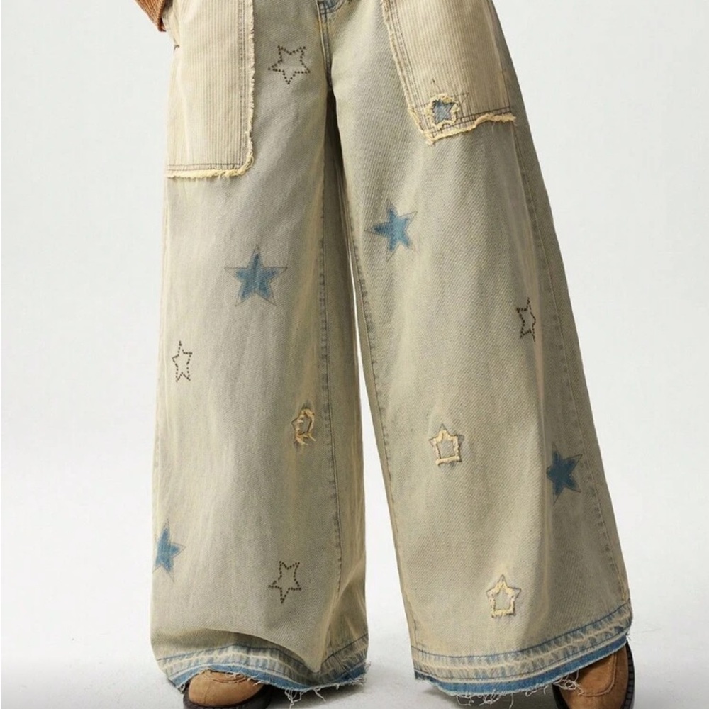 Star patchwork distressed Pattern Wide-Leg Jeans mini stud blue - Picture 5 of 7